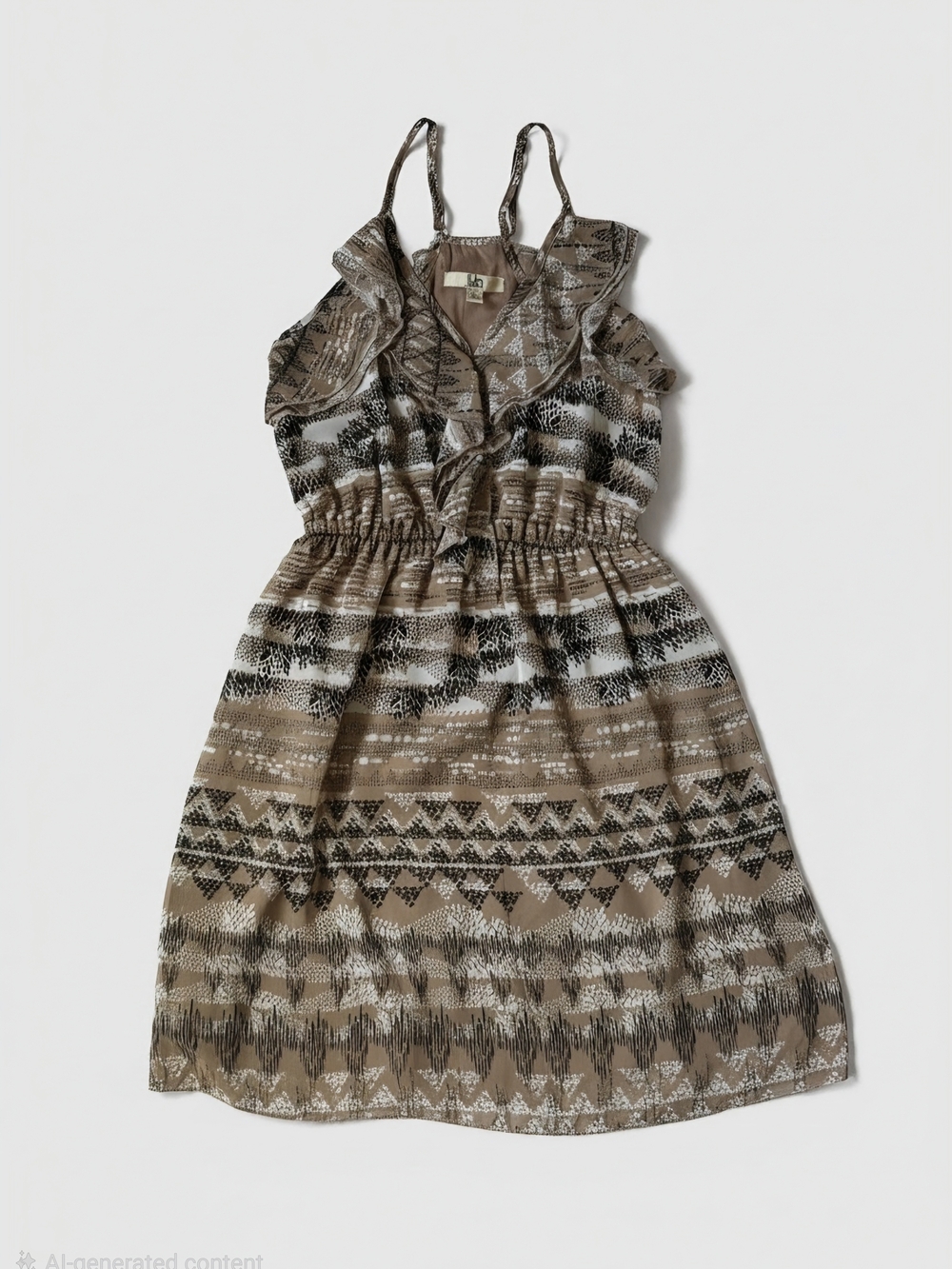 Ya Los Angeles Ruffle V-Neck Dress in Light Brown, Black, and Ivory